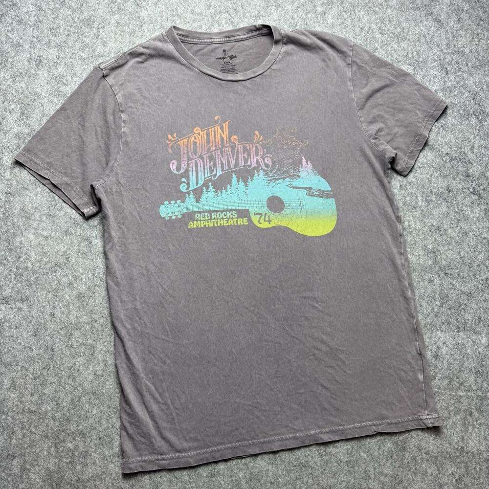 John Denver Wrangler Shirt Mens Medium Gray Red Rocks 74 Concert Graphic Tee
